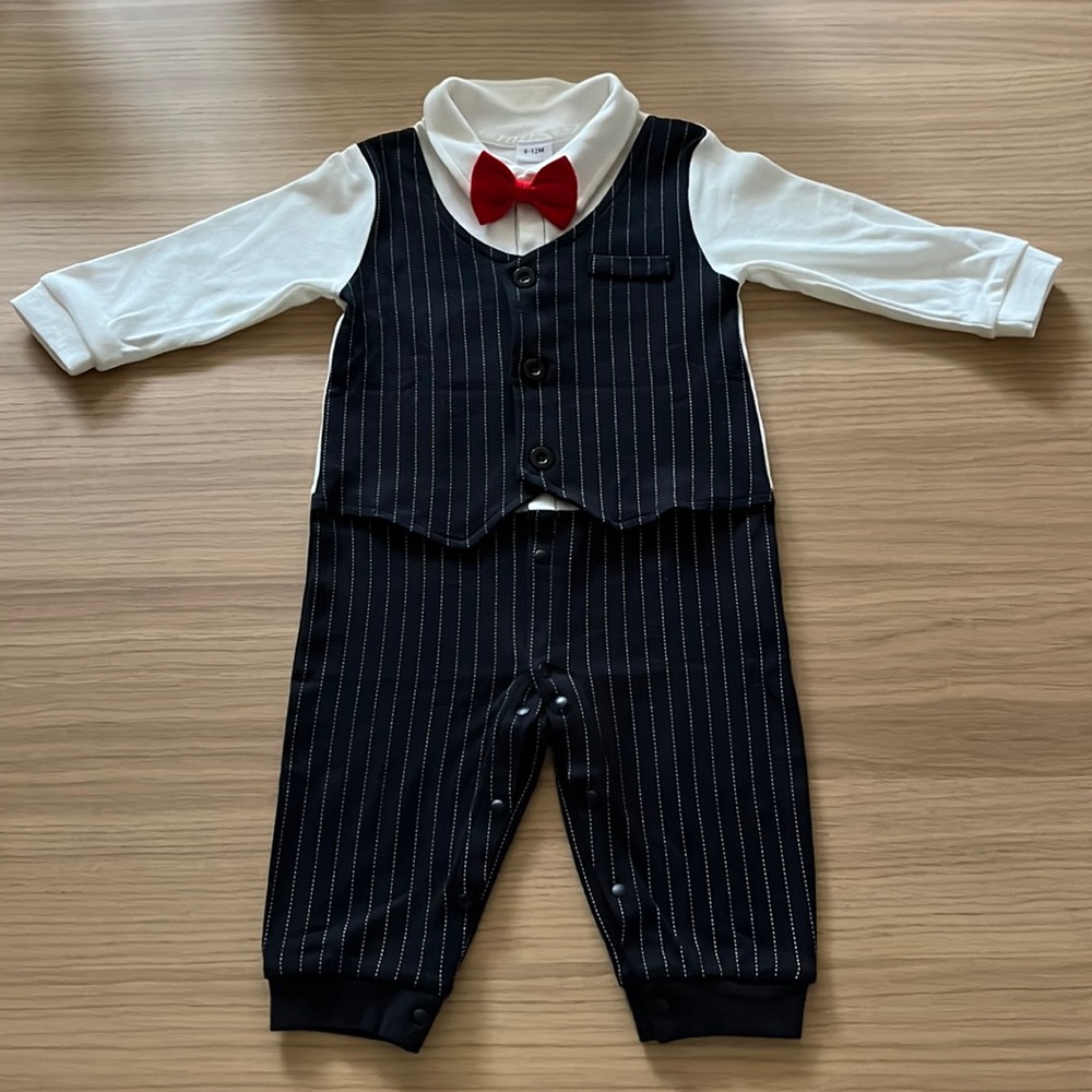 PatPat, baby one piece cotton bow tie striped outfit, black & white 9-12 months